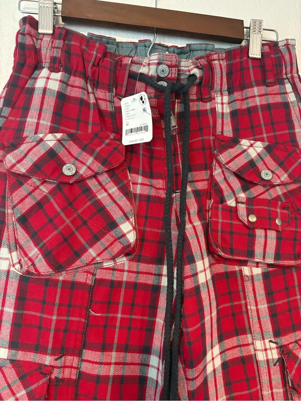 Free People Tahiti Cargo Pants Red Plaid NWT Size M MSRP $168